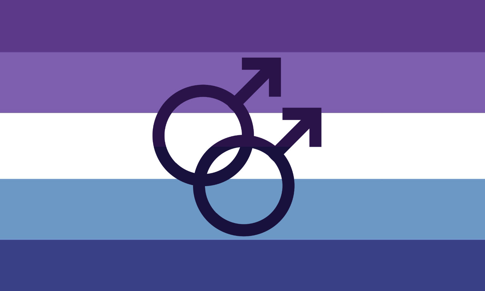 5-stripe version of the new purple blue gay man flag, with interlocking mars symbol
